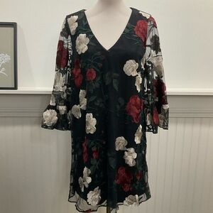 ECI New York Floral Embroidered Sheer Sleeve Dress | Size 8